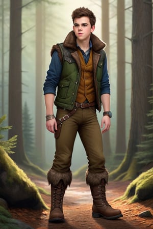 Realistic, one male, teenager, standing, hirsute, hairy chest, hairy male, hairy arms, hairy legs, hairy groin, hairy belly, hairy armpit, hairy, Sean Murray, Mohawk, brown hair, light brown eyes, lean, primitive, fur jacket, olive pants, magic amulets, fur bracers, fur boots no laces, crotch bulge, big crotch, vest bone spikes, boot bone spikes, bone decoration, forest, whole body shot, detail, high detail