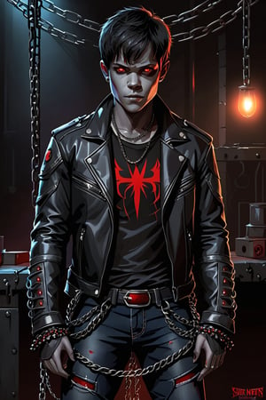 One man, realistic, masculine body type, teenager, Stephen Dorff, red eyes, black hair, gray colorless skin, black leather jacket, blue jeans, leather boots, dark, dungeon basement, colored skin, grey skin, chains around arms, chains around legs, chains arms head