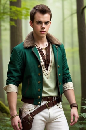 High fantasy, realistic, one male, teenager, standing, hirsute, Sean Murray, Mohawk, brown hair, light brown eyes, lean, primitive, green fur jacket, bone sleeves, mahogany linen shirt, lace-up fly, white linen pants, magic emerald amulets, bone bracers, crotch bulge, big crotch, shoulder bone spikes, forest, hairy chest, hairy male, hairy, whole body shot, detail, high detail