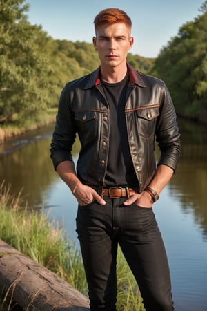 One man, rural, trees, river, masculine body type, Handsome face, copper crew cut, red eyes, black leather shirt, undershirt, jeans, subjects look the same size, midday sky, tall, copper hair, young, Ian McCulloch