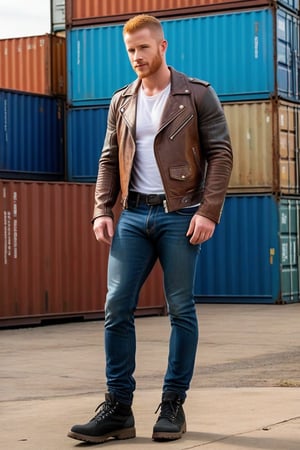 Full body shot, post-apocalyptic leather jacket, vinyl sleeves, tight white tee shirt, blue jeans, black hiking shoes, actor Daniel Newman, light ginger hair, buzz cut, mohawk hair, brown eyes, clean shaven, alpha male, jeans bulge, big crotch, big bulge, jutting crotch, shipping containers, late 30s, smirk 