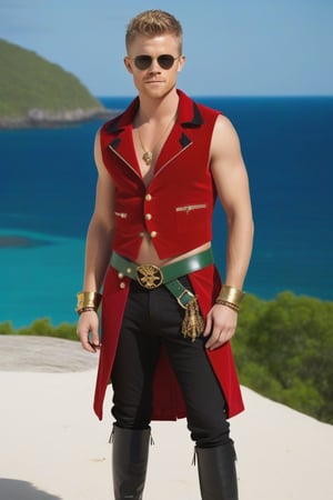 Rick Cosnett, young man, dark green Mohawk, standing, show feet, naked pirate, hirsute, blue slitted eyes, circular sunglasses, gold bracers, gold speedo, red pirate jacket, black sleeveless undershirt, black pirate boots, septum ring, earrings, ruby amulet, athletic body, crotch bulge, big crotch, spikes, tropical island, whole body shot, detail, high detail, realistic 