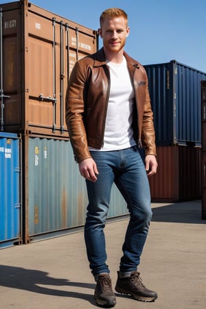 post-apocalyptic leather jacket, bone shoulders, bone sleeves, tight white tee shirt, blue jeans, black hiking shoes, actor Daniel Newman, light ginger hair, buzz cut, brown eyes, clean shaven, alpha male, jeans bulge, big crotch, big bulge, shipping containers, late 30s, smirk 