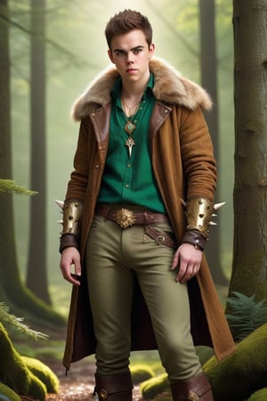 High fantasy, realistic, one male, teenager, standing, hirsute, Sean Murray, Mohawk, brown hair, light brown eyes, lean, primitive, fur jacket, bone sleeves, green linen shirt, olive linen pants, magic gems amulets, bone bracers, bone boots no laces, crotch bulge, big crotch, shoulder bone spikes, boot bone spikes, bone decoration, forest, hairy chest, hairy male, hairy arms, hairy legs, hairy groin, hairy belly, hairy armpit, hairy, whole body shot, detail, high detail