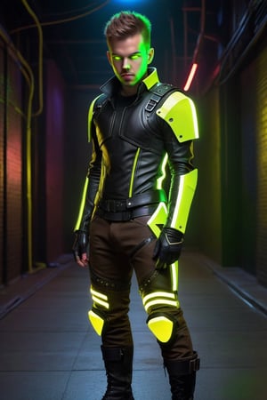 one male, teenager, Sean Murray, brown eyes, brown hair, short hair, neon chartreuse hair tips, Mohawk, black cyberpunk armor with chartreuse lights, black cyberpunk domino mask, black cyberpunk pants with chartreuse lights, full body, cyberpunk codpiece, crotch bulge, big crotch, shoulder spikes, cyberpunk boots with glowing chartreuse laces, boot spikes