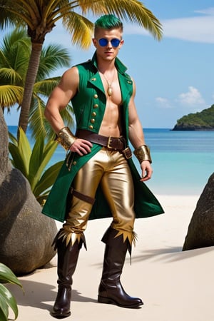 one male, young man, standing, show feet, naked, hirsute, mohawk_(hair), Rick Cosnett, full dark green hair, blue slitted eyes, circular sunglasses, lean, lean muscles, sleeveless shirt, sleeveless snakeskin long pirate jacket, magic emerald amulets, gold bracers, pirate boots no laces, hide belt, [leather briefs], crotch bulge, big crotch, bone spikes, tropical island, whole body shot, detail, high detail, realistic 