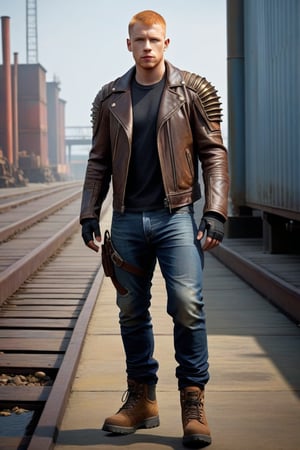 post-apocalyptic armor, leather jacket, shoulders bones decoration, arms bones decorations, blue jeans, codpiece, black hiking shoes, actor Daniel Newman, light ginger hair, buzz cut, brown eyes, alpha male, industrial docks ,CONCEPT CHARACTER,REALISTIC,SDXL 1.0,MODEL,MALE,LegendDarkFantasy