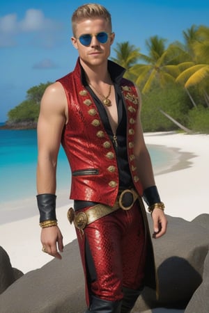 Rick Cosnett as a pirate, a young very hairy man with facial scruff and hairy chest and hairy arms and legs especially hairy thighs, he is standing on a pristine tropical island with unusual flora showing his whole body including feet, he has dark green hair in Mohawk style and circular blue lens sunglasses, he wears gold bracers with a golden shiny speedo, he also wears a red snakeskin pirate jacket over a black sleeveless undershirt and black pirate boots, he has piercings like a gold septum ring and gold earrings as well as a red ruby amulet, he has an athletic body with a big bulge behind his speedo