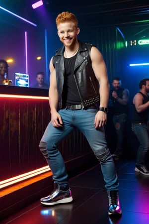 Cyberpunk, Max Thieriot, ginger hair, cyberpunk Mohawk, young, full body, show feet, metal jeans, big bulge behind crotch, tank top, chrome jacket, chrome shoes, nightclub, smile