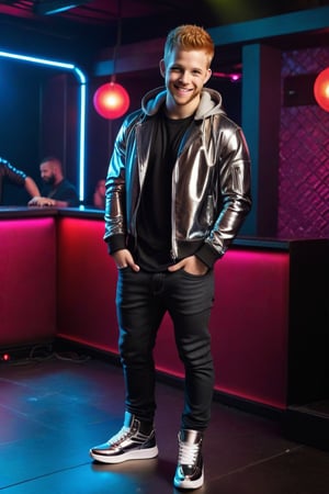 Cyberpunk, Max Thieriot, ginger hair, cyberpunk Mohawk, young, full body, show feet, metal jeans, big bulge behind crotch, hoodie, tank top, chrome jacket, chrome shoes, nightclub, smile