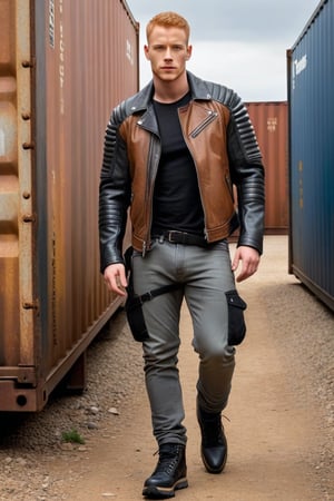 post-apocalyptic armor, leather jacket, bone shoulders, bone sleeves, grey jeans, codpiece, black hiking shoes, actor Daniel Newman, light ginger hair, buzz cut, brown eyes, clean shaven, alpha male, jeans bulge, big crotch, cargo containers