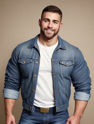 (GS-Masculine:1), (1boy), (front side view), full body, (looking at viewer), Very detailed youthful handsome face, heroic, detailed realistic open eyes, tan bronzed skin, (confident smile), in the style of (norman rockwell), 1990s high school jock, tucked white tee shirt, buttoned dark blue jeans, factory, muscular, large muscle, short-hair-brown, blueeyes, brass buttoned denim jacket, long sleeves, big broad shoulders, chin_beard, black biker boots