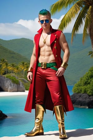 one male, young man, standing, show feet, naked, hirsute, tall mohawk_(hair), Rick Cosnett, full dark green hair, blue slitted eyes, circular sunglasses, gold jock, sleeveless tee shirt, sleeveless red pirate jacket, magic emerald amulets, gold bracers, pirate boots no laces, hide belt, athletic body, crotch bulge, big crotch, bone spikes, tropical island, whole body shot, detail, high detail, realistic 