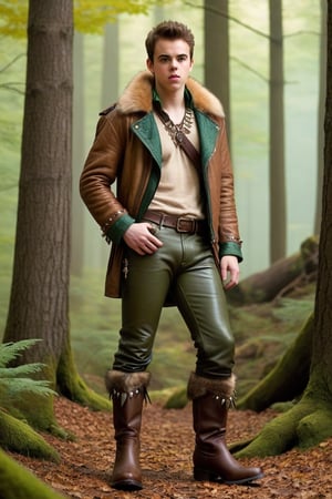 one male, teenager, standing, hirsute, Sean Murray, Mohawk, brown hair, light brown eyes, lean, primitive, fur jacket, leather sleeves, green linen shirt, olive leather pants, magic amulets, fur bracers, fur boots no laces, crotch bulge, big crotch, shoulder bone spikes, boot bone spikes, bone decoration, forest, hairy chest, hairy male, hairy arms, hairy legs, hairy groin, hairy belly, hairy armpit, hairy, whole body shot, detail, high detail