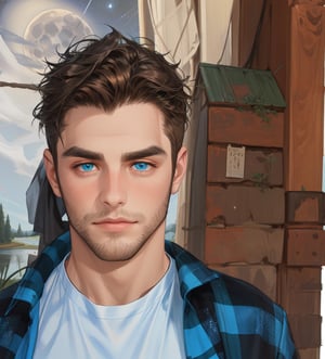 One male, trees, lake, fit body type, Handsome face, rugged, eyes with brightness, eyebrows same as hair, dark blue eyes, dark night sky, large moon in sky, dark brown hair, Sean Durrie, Dylan Faden, Mohawk, green shirt, black undershirt, hairy arms, facial scruff,(1man),SYAHNK,1boy