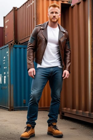 Full body shot, post-apocalyptic leather jacket, bone armor, vinyl sleeves, tight white tee shirt, blue jeans, black hiking shoes, actor Daniel Newman, light ginger hair, buzz cut, mohawk hair, brown eyes, facial scruff, alpha male, jeans bulge, big crotch, big bulge, jutting crotch, shipping containers, late 30s, smirk, bad boy