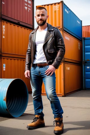 Full body shot, post-apocalyptic leather jacket, bone armor, vinyl sleeves, tight white tee shirt, blue jeans, black hiking shoes, kk spa, light ginger hair, buzz cut, mohawk hair, brown eyes, facial scruff, alpha male, jeans bulge, big crotch, big bulge, jutting crotch, shipping containers, late 30s, smirk, bad boy