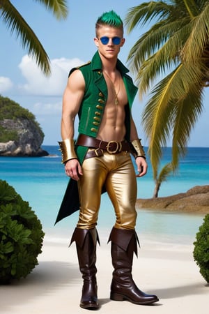 one male, young man, standing, show feet, naked, hirsute, tall mohawk_(hair), Rick Cosnett, full dark green hair, blue slitted eyes, circular sunglasses, lean, lean muscles, leather briefs, sleeveless shirt, sleeveless snakeskin long pirate jacket, magic emerald amulets, gold bracers, pirate boots no laces, hide belt, crotch bulge, big crotch, bone spikes, tropical island, whole body shot, detail, high detail, realistic 