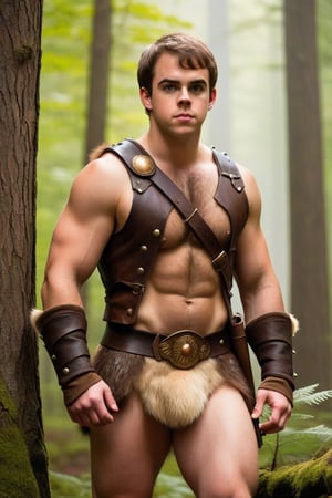 one male, teenager, standing, hirsute, Sean Murray, high and tight haircut, brown hair, light brown eyes, lean muscles, barbarian vest, magic amulets, barbarian bracers, barbarian boots, barbarian briefs, crotch bulge, big crotch, shoulder spikes, boot spikes, forest, hairy chest, hairy male, hairy arms, hairy legs, hairy groin, hairy belly, hairy armpit, hairy, whole body shot, detail, high detail