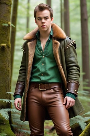 one male, teenager, standing, hirsute, Sean Murray, Mohawk, brown hair, light brown eyes, lean, primitive, fur jacket, leather sleeves, green linen shirt, olive linen pants, magic amulets, fur bracers, fur boots no laces, crotch bulge, big crotch, shoulder bone spikes, boot bone spikes, bone decoration, forest, hairy chest, hairy male, hairy arms, hairy legs, hairy groin, hairy belly, hairy armpit, hairy, whole body shot, detail, high detail