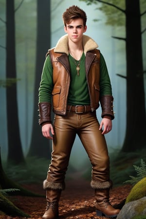 Realistic, one male, teenager, standing, hirsute, hairy chest, hairy male, hairy arms, hairy legs, hairy groin, hairy belly, hairy armpit, hairy, Sean Murray, Mohawk, brown hair, light brown eyes, lean, primitive, fur jacket, olive leather pants, magic amulets, fur bracers, fur boots no laces, crotch bulge, big crotch, vest bone spikes, boot bone spikes, bone decoration, forest, whole body shot, detail, high detail