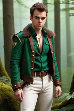 High fantasy, realistic, one male, teenager, standing, hirsute, Sean Murray, Mohawk, brown hair, light brown eyes, lean, primitive, green fur jacket, bone shoulder spikes, mahogany linen shirt, lace-up fly, white linen pants, magic emerald amulet, bone bracers, crotch bulge, big crotch, forest, hairy chest, hairy male, hairy, whole body shot, detail, high detail