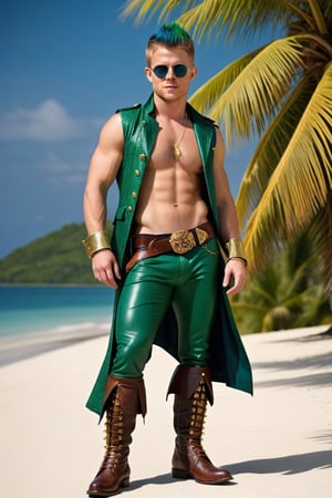 one male, young man, standing, show feet, naked, hirsute, mohawk_(hair), Rick Cosnett, dark green hair, blue slitted eyes, circular sunglasses, lean, lean muscles, sleeveless shirt, sleeveless snakeskin long pirate jacket, magic emerald amulets, gold bracers, pirate boots no laces, hide belt, [leather briefs], crotch bulge, big crotch, bone spikes, tropical island, green body hair, hairy chest, hairy male, hairy arms, hairy legs, hairy groin, hairy belly, hairy armpit, hairy, whole body shot, detail, high detail, realistic 