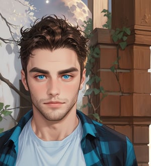 One male, trees, lake, fit body type, Handsome face, rugged, eyes with brightness, eyebrows same as hair, dark blue eyes, dark night sky, large moon in sky, dark brown hair, Sean Durrie, Dylan Faden, Mohawk, green shirt, black undershirt, hairy arms, facial scruff