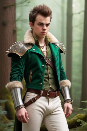 High fantasy, realistic, one male, teenager, standing, hirsute, Sean Murray, Mohawk, brown hair, light brown eyes, lean, primitive, silver crown, green fur jacket, bone sleeves, mahogany linen shirt, lace-up fly, white linen pants, magic emerald amulets, bone bracers, crotch bulge, big crotch, shoulder bone spikes, boot bone spikes, bone decoration, forest, hairy chest, hairy male, hairy arms, hairy legs, hairy groin, hairy belly, hairy armpit, hairy, whole body shot, detail, high detail