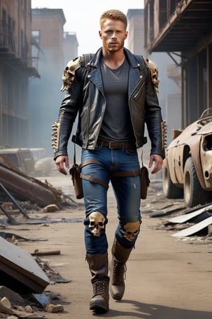 post-apocalyptic armor, leather jacket, shoulders bones decoration, arms bones decorations, jeans, legs bone decorations, skull as codpiece, leather hiking shoes bones, actor Daniel Newman, dark blond hair, blue eyes, alpha male,  post-apocalyptic wasteland,CONCEPT CHARACTER,REALISTIC,SDXL 1.0,MODEL,MALE