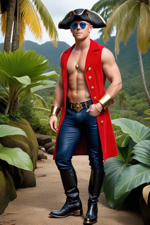 Rick Cosnett, standing, full body shot, show feet, hairless, circular blue lens sunglasses, gold bracers, underwear briefs, (red pirate jacket, black sleeveless undershirt), black pirate boots, pirate hat, gold septum ring, gold earrings, red ruby amulet, athletic body, big bulge behind speedo, pristine tropical island, alien flora, detail, realistic