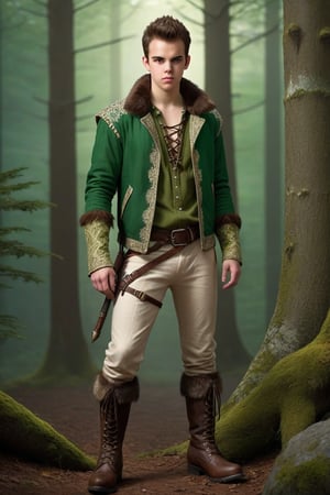 fantasy, realistic, one male, teenager, bone staff, standing, hirsute, Sean Murray, Mohawk, brown hair, light brown eyes, lean, primitive, green fur jacket, bone shoulder spikes, lace-up shirt, brown linen shirt, lace-up pants, white linen pants, big glowing emerald amulet, bone bracers, fur boots, crotch bulge, big crotch, forest, hairy chest, hairy male, hairy, whole body shot, detail, high detail