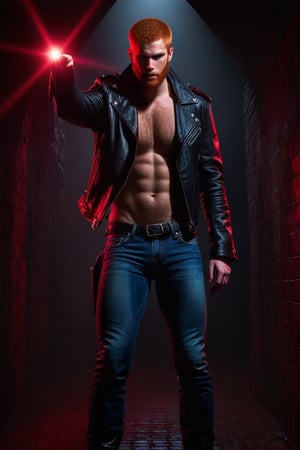 fantasy, realistic, one male, standing, hirsute, actor Daniel Newman, buzz cut hair, light ginger hair, glowing light brown eyes, blue jeans, black leather jacket, black leather boots, crotch bulge, big crotch, dark basement, dungeon, red body hair, red hairy chest, hairy male, red hairy arms, red hairy legs, red hairy belly, red hairy armpit, hairy, hairy chest, hairy male, hairy, whole body shot, detail, high detail