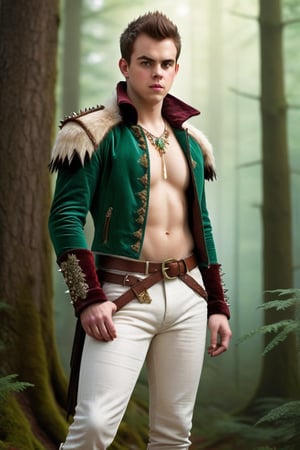 High fantasy, realistic, one male, teenager, standing, hirsute, Sean Murray, Mohawk, brown hair, light brown eyes, lean, primitive, silver crown, green fur jacket, bone sleeves, mahogany linen shirt, lace-up fly, white linen pants, magic emerald amulets, bone bracers, crotch bulge, big crotch, shoulder bone spikes, boot bone spikes, bone decoration, forest, hairy chest, hairy male, hairy arms, hairy legs, hairy groin, hairy belly, hairy armpit, hairy, whole body shot, detail, high detail