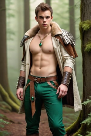 High fantasy, realistic, one male, teenager, standing, hirsute, Sean Murray, Mohawk, brown hair, light brown eyes, lean, primitive, silver crown, fur jacket, bone sleeves, green linen shirt, lace-up fly, olive linen pants, magic emerald amulets, bone bracers, crotch bulge, big crotch, shoulder bone spikes, boot bone spikes, bone decoration, forest, hairy chest, hairy male, hairy arms, hairy legs, hairy groin, hairy belly, hairy armpit, hairy, whole body shot, detail, high detail