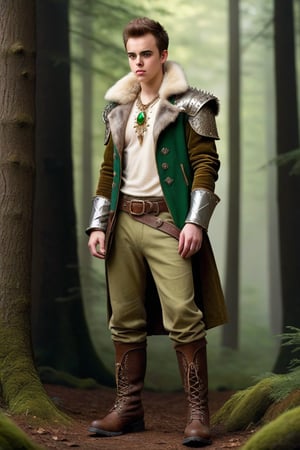 High fantasy, realistic, one male, teenager, standing, hirsute, Sean Murray, Mohawk, brown hair, light brown eyes, lean, primitive, silver crown, fur jacket, bone sleeves, green linen shirt, olive linen pants, magic gems amulets, bone bracers, bone boots no laces, crotch bulge, big crotch, shoulder bone spikes, boot bone spikes, bone decoration, forest, hairy chest, hairy male, hairy arms, hairy legs, hairy groin, hairy belly, hairy armpit, hairy, whole body shot, detail, high detail