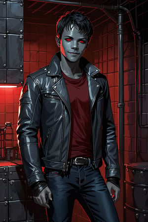 One man, masculine body type, teenager, smile, Stephen Dorff, red eyes, black hair, gray colorless skin, black leather jacket, blue jeans, leather boots, dark, dungeon basement, colored skin, grey skin