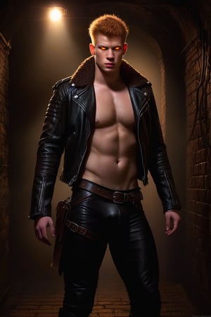 fantasy, realistic, one male, teenager, standing, hirsute, actor Daniel Newman, Mohawk, short light ginger hair, glowing light brown eyes, lean, primitive, black leather jockstrap, black leather jacket, black leather boots, crotch bulge, big crotch, dark basement, dungeon, hairy chest, hairy male, hairy arms, hairy legs, hairy belly, hairy armpit, hairy, hairy chest, hairy male, hairy, whole body shot, detail, high detail