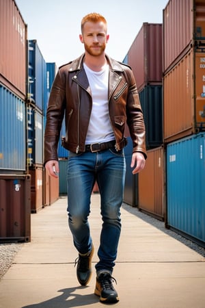 Full body shot, post-apocalyptic leather jacket, bone armor, vinyl sleeves, tight white tee shirt, blue jeans, black hiking shoes, actor Daniel Newman, light ginger hair, buzz cut, mohawk hair, brown eyes, facial scruff, alpha male, jeans bulge, big crotch, big bulge, jutting crotch, shipping containers, late 30s, smirk, bad boy