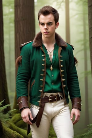 High fantasy, realistic, one male, teenager, standing, hirsute, Sean Murray, Mohawk, brown hair, light brown eyes, lean, primitive, green fur jacket, bone shoulder spikes, mahogany linen shirt, lace-up fly, white linen pants, magic emerald amulet, bone bracers, crotch bulge, big crotch, forest, hairy chest, hairy male, hairy, whole body shot, detail, high detail