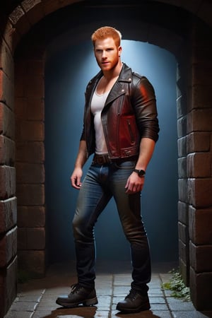 fantasy, realistic, one male, standing, hirsute, actor Daniel Newman, buzz cut hair, light ginger hair, glowing light brown eyes, blue jeans, white tee, black leather jacket, black hiking shoes, crotch bulge, big crotch, dark basement, dungeon, red body hair, red hairy chest, hairy male, red hairy arms, red hairy legs, red hairy belly, red hairy armpit, hairy, hairy chest, hairy male, hairy, whole body shot, detail, high detail