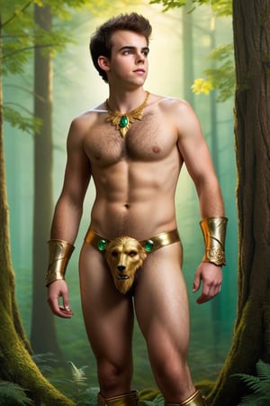 fantasy, realistic, one male, teenager, bone cane, standing, hirsute, Sean Murray, Mohawk, brown hair, light brown eyes, lean, primitive, gold briefs, big glowing emerald amulet, gold bracers, gold boots, crotch bulge, big crotch, forest, hairy chest, hairy male, hairy arms, hairy legs, hairy groin, hairy belly, hairy armpit, hairy, hairy chest, hairy male, hairy, whole body shot, detail, high detail