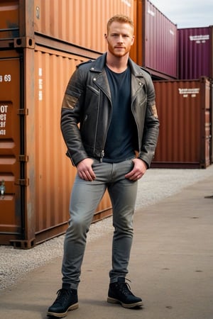 post-apocalyptic armor, leather jacket, bone shoulders, bone sleeves, grey jeans, black hiking shoes, actor Daniel Newman, light ginger hair, buzz cut, brown eyes, clean shaven, alpha male, jeans bulge, big crotch, shipping containers, late 30s, smirk 