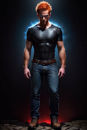 fantasy, realistic, one male, standing, hirsute, actor Daniel Newman, buzz cut hair, light ginger hair, glowing light brown eyes, blue jeans, white tee shirt, black leather jacket, black hiking shoes, crotch bulge, big crotch, dark basement, dungeon, red body hair, red hairy chest, hairy male, red hairy arms, red hairy legs, red hairy belly, red hairy armpit, hairy, hairy chest, hairy male, hairy, whole body shot, detail, high detail,dark fantasy,dark anime