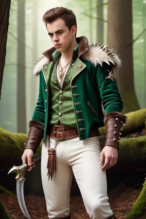 High fantasy, realistic, one male, teenager, standing, hirsute, Sean Murray, Mohawk, brown hair, light brown eyes, lean, primitive, silver crown, green fur jacket, bone sleeves, mahogany linen shirt, lace-up fly, white linen pants, magic emerald amulets, bone bracers, crotch bulge, big crotch, shoulder bone spikes, boot bone spikes, bone decoration, forest, hairy chest, hairy male, hairy arms, hairy legs, hairy groin, hairy belly, hairy armpit, hairy, whole body shot, detail, high detail