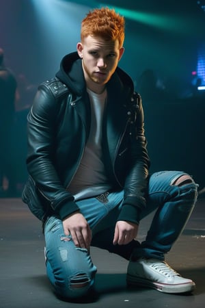 Cyberpunk, Max Thieriot, male prostitute, ginger hair, cyberpunk Mohawk, young man, full body, show feet, metal jeans, big bulge behind crotch, torn hoodie, chrome jacket, chrome shoes, nightclub 