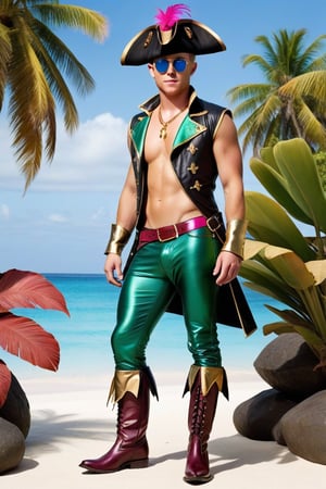 One male, Rick Cosnett, standing, full body shot, show feet, dark green hair, green Mohawk, circular blue lens sunglasses, gold bracers, underwear briefs, pirate jacket, sleeveless undershirt, pirate boots, tricorn pirate hat, gold septum ring, gold earrings, red ruby amulet, pink feathers, athletic body, big bulge behind speedo, pristine tropical island, alien flora, detail, realistic