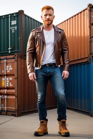 Full body shot, post-apocalyptic leather jacket, bone armor, vinyl sleeves, tight white tee shirt, blue jeans, black hiking shoes, actor Daniel Newman, light ginger hair, buzz cut, mohawk hair, brown eyes, facial scruff, alpha male, jeans bulge, big crotch, big bulge, jutting crotch, shipping containers, late 30s, smirk, bad boy