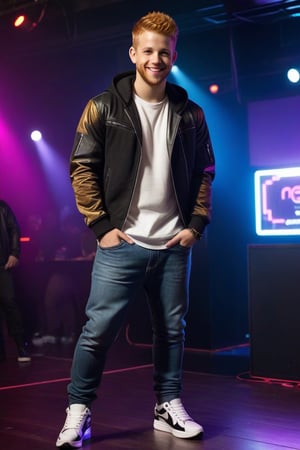 Cyberpunk, Max Thieriot, ginger hair, cyberpunk Mohawk, young, full body, show feet, metal jeans, big bulge behind crotch, hoodie, wifebeater, chrome jacket, chrome shoes, nightclub, smile