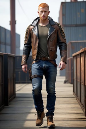 post-apocalyptic armor, leather jacket, shoulders bones decoration, arms bones decorations, blue jeans, codpiece, black hiking shoes, actor Daniel Newman, light ginger hair, buzz cut, brown eyes, alpha male, industrial docks ,CONCEPT CHARACTER,REALISTIC,SDXL 1.0,MODEL,MALE,LegendDarkFantasy